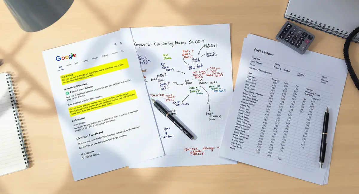 Overhead flat-lay of printed search query printouts, AI citation analysis spreadsheet, and annotated - Strategyc