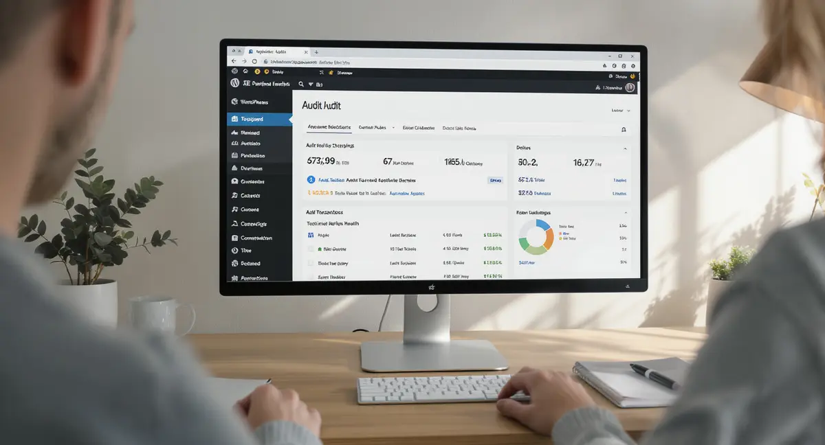 WordPress admin dashboard displayed on a desktop monitor in a home office workspace, showing SEO plugin - Strategyc