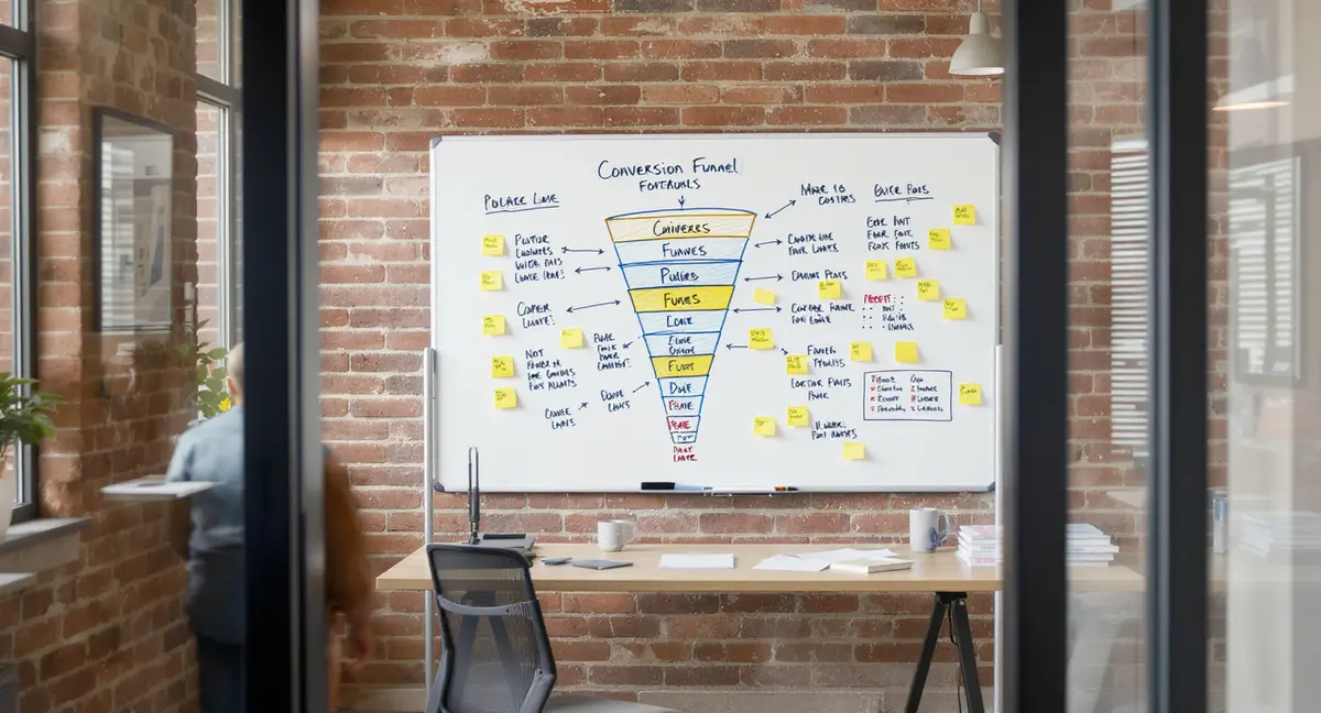 Digital marketing agency workspace with conversion funnel whiteboard diagram and visitor journey mapping - Strategyc