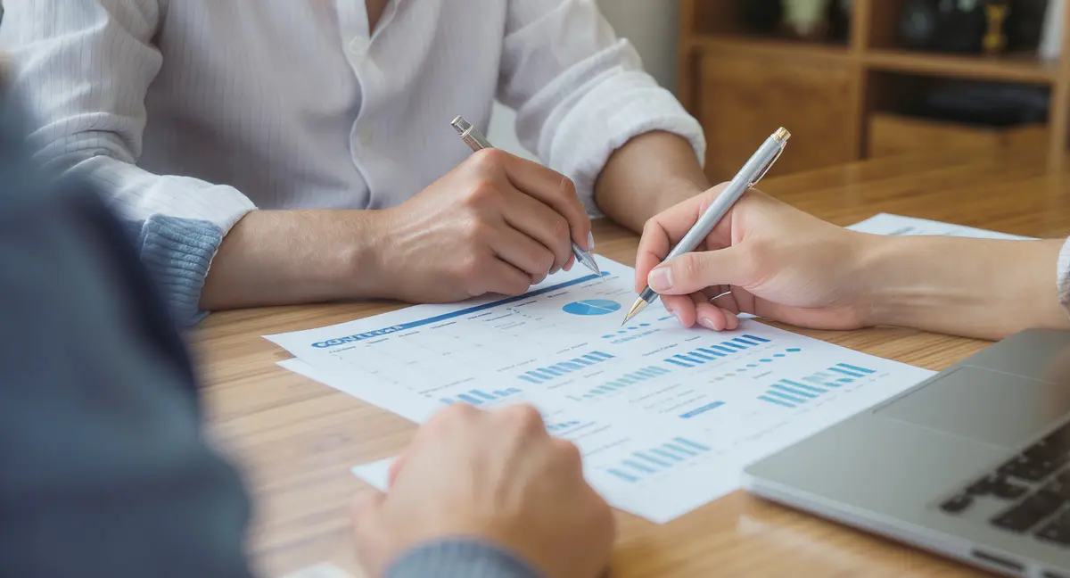 Small business owner reviewing content calendar and analytics printout at desk, hand pointing at - Strategyc