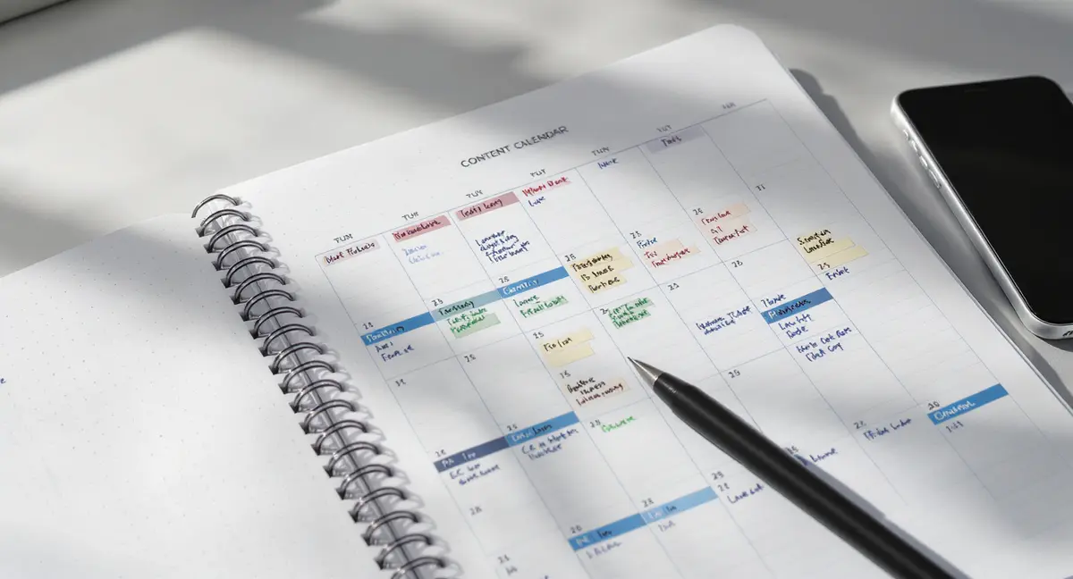 A spiral-bound content calendar notebook open to a monthly grid, with AI-generated topic clusters - Strategyc