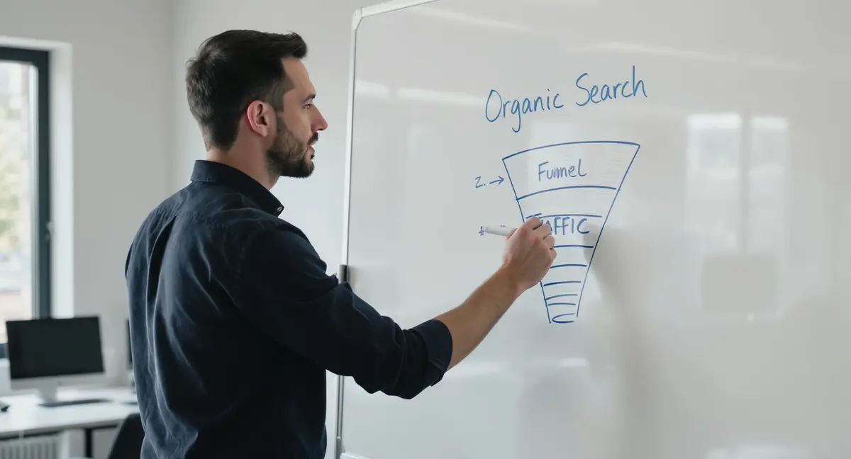 Digital marketer standing at whiteboard, drawing a traffic funnel with organic search at the top, - Strategyc