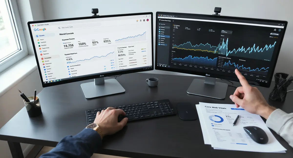 Dual-monitor analytics workstation displaying SEO ranking data, keyword performance charts, and traffic - Strategyc