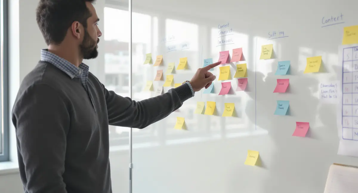 Content strategist standing at whiteboard wall, hand mid-gesture pointing at multi-colored content theme - Strategyc