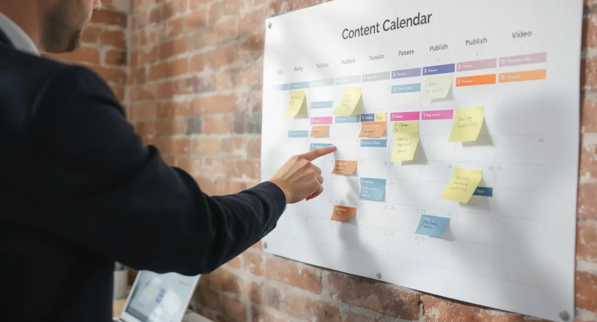 Marketing professional pointing at a multi-channel content calendar grid pinned to office wall, with SEO - Strategyc