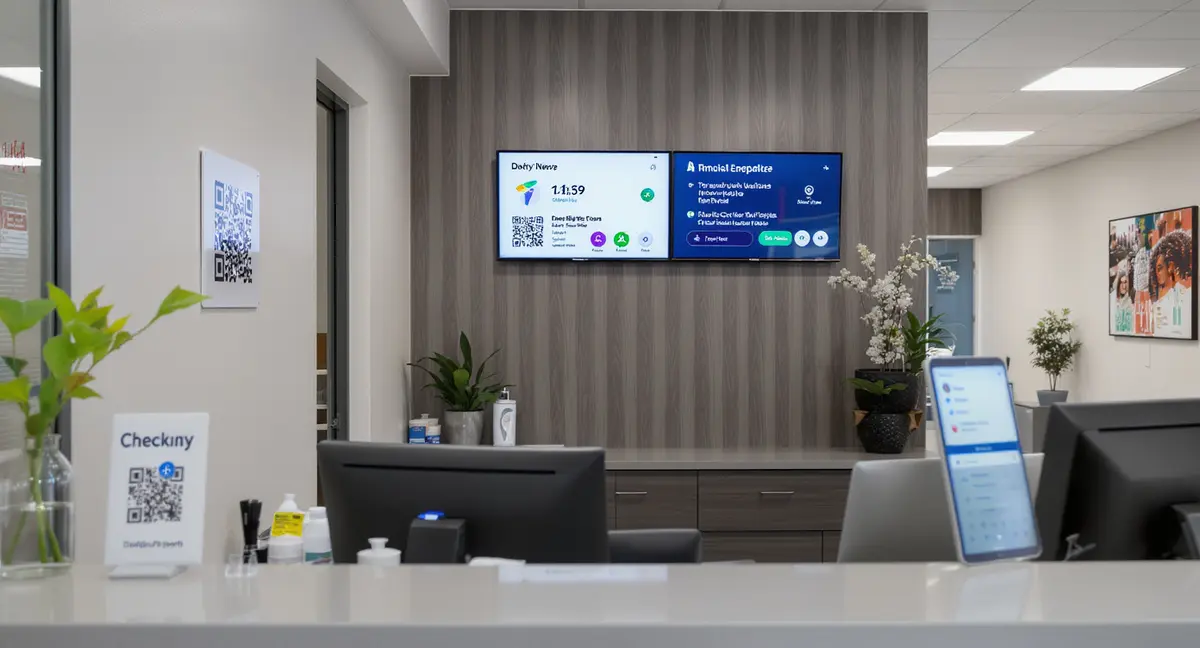 Modern dental practice reception area with patient check-in desk, digital signage displaying appointment - Strategyc