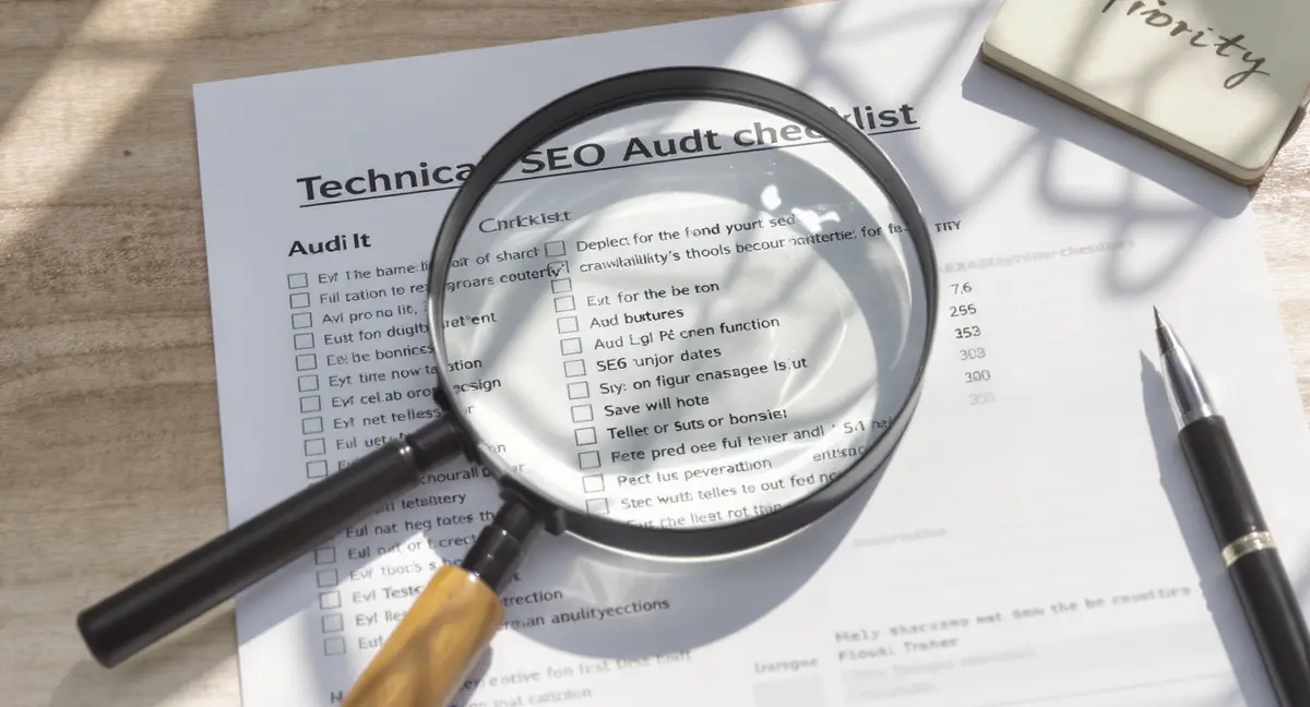 Magnifying glass positioned over a printed technical SEO audit checklist with checkboxes and crawlability - Strategyc