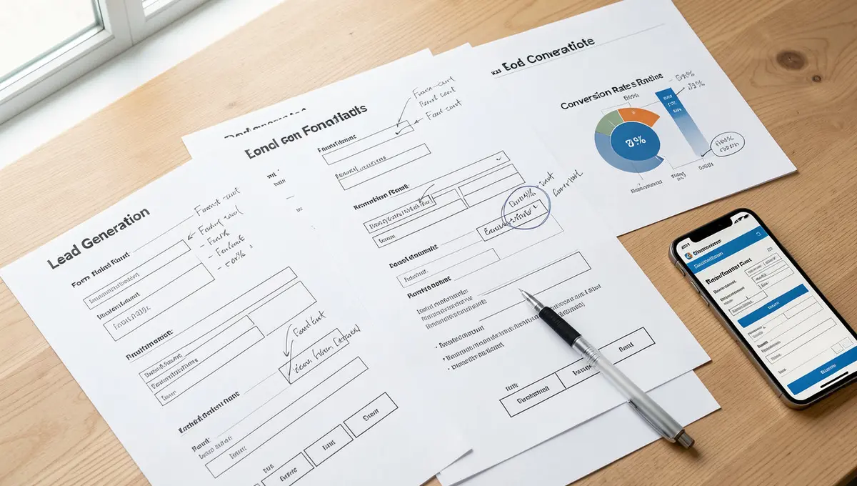 Lead generation form wireframe sketches and conversion rate data sheets spread across desk with pen - Strategyc