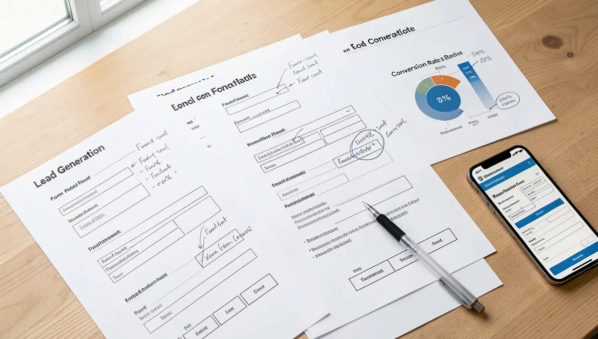Lead generation form wireframe sketches and conversion rate data sheets spread across desk with pen - Strategyc