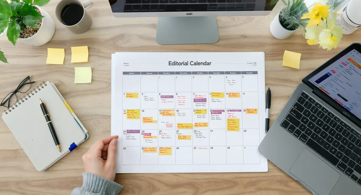 Content creator's desk workspace with printed editorial calendar, sticky notes marking publishing dates, - Strategyc