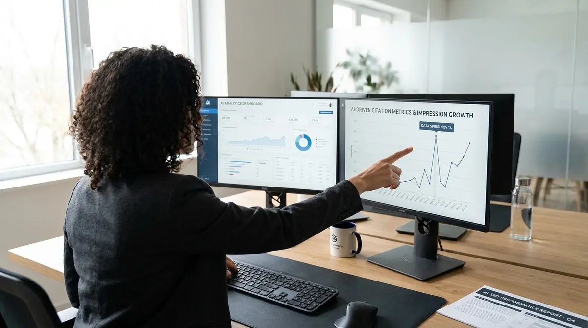 Digital strategist at dual-monitor workstation, hand pointing at AI analytics dashboard displaying - Strategyc