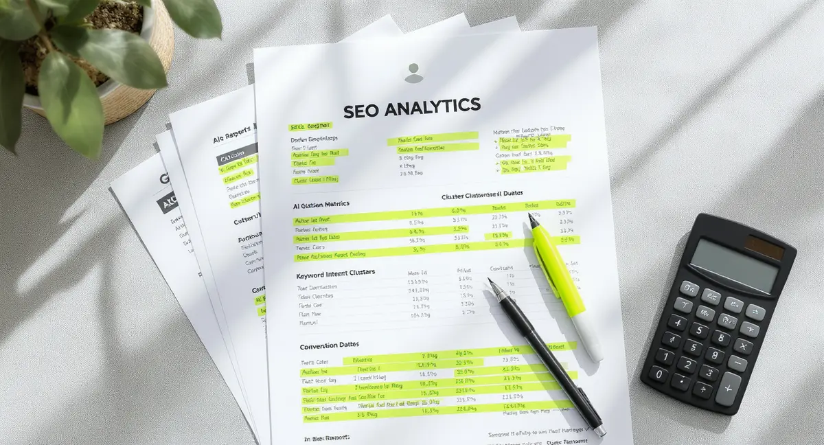 Printed SEO analytics report with AI citation metrics, keyword intent clusters, and conversion data - Strategyc