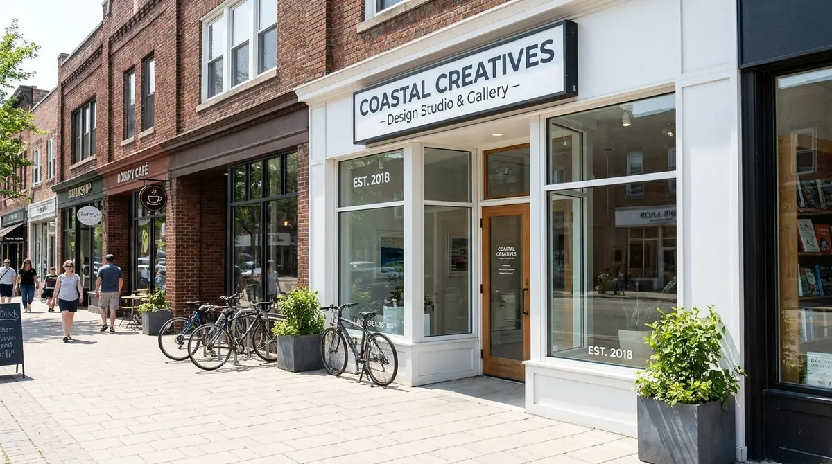 Business owner's storefront or office entrance with visible signage, door, and street-level context - Strategyc