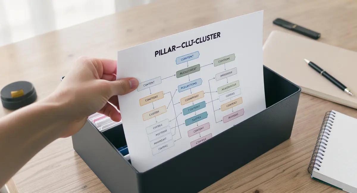A hand placing a printed content pillar-cluster diagram into a desktop organizer beside a notebook and pen - Strategyc