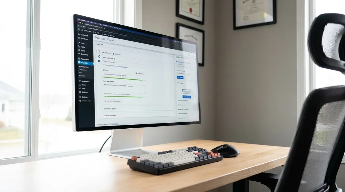 WordPress admin dashboard displayed on a computer monitor inside a digital marketing agency office, with - Strategyc