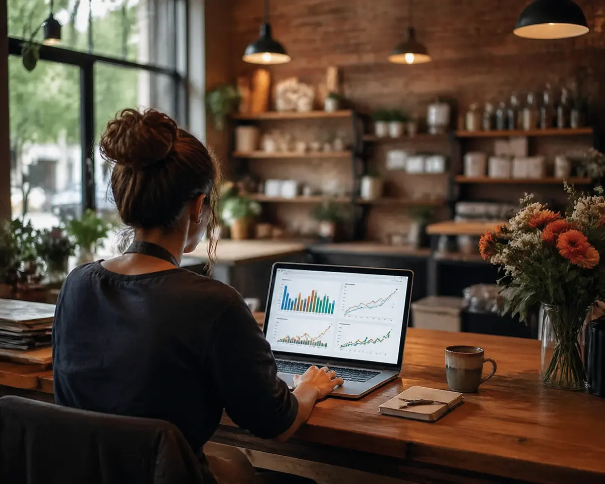 Small business owner reviewing analytics dashboard on a laptop at a wooden counter inside a warm cafe interior, soft natural light - Strategyc