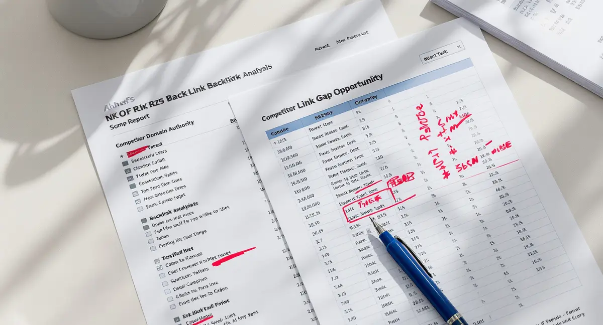 Printed backlink analysis report with competitor domain authority spreadsheet, annotated with pen marks - Strategyc