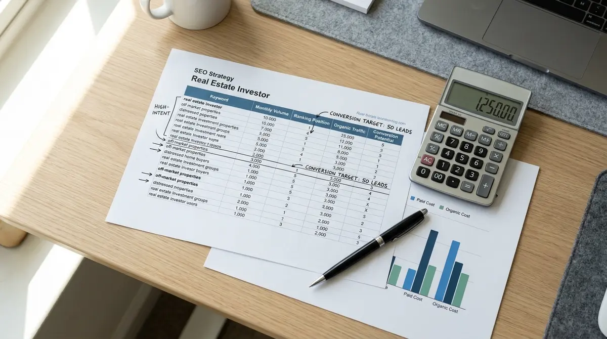 SEO strategy spreadsheet with real estate investor keyword rankings, calculator, and annotated conversion - Strategyc