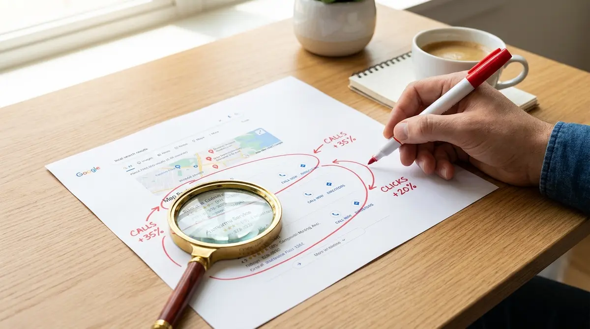 Close-up of a printed Google Maps local search results printout with hand-drawn circles highlighting the - Strategyc