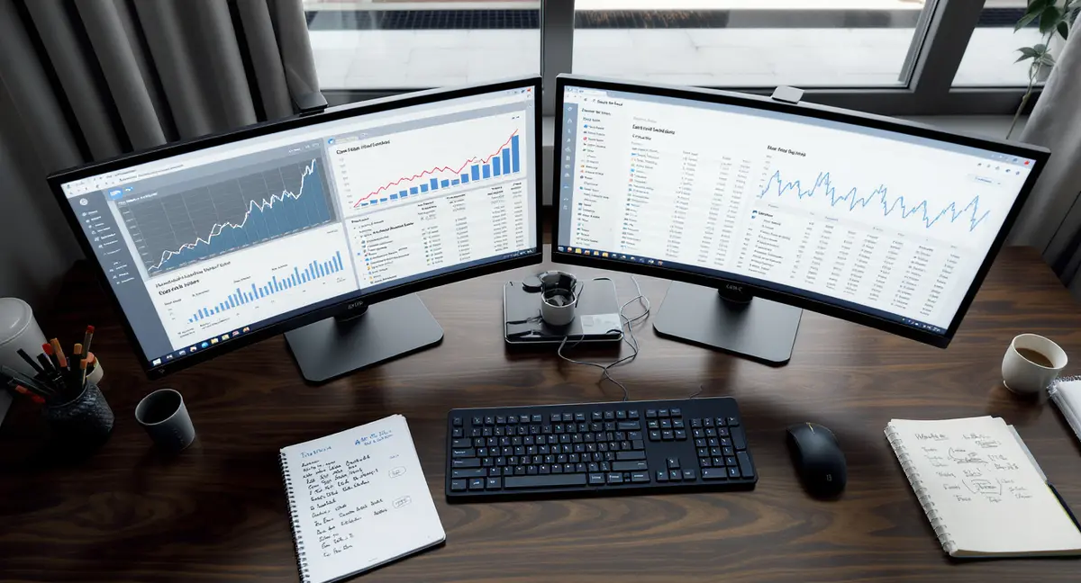 Dual-monitor analyst workstation displaying AI-generated content performance charts and keyword mapping - Strategyc
