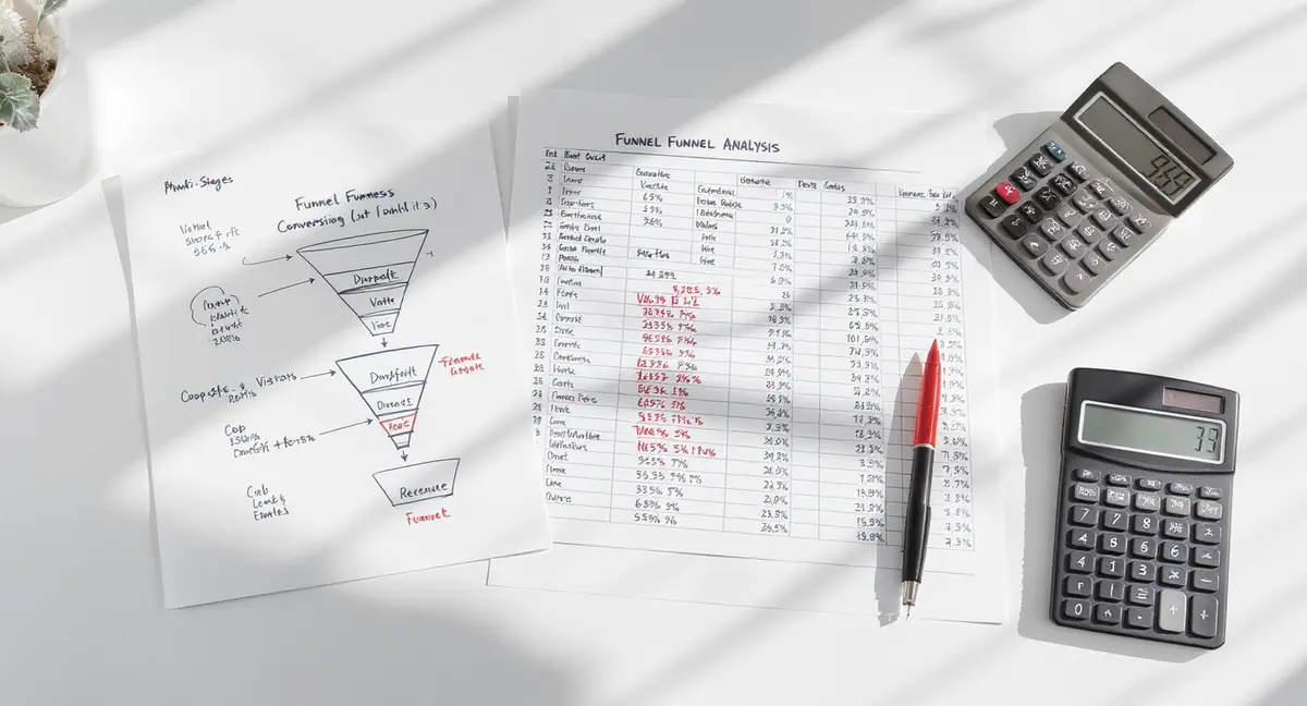 Conversion funnel analysis spreadsheet with drop-off percentages, funnel diagram sketch, and annotated - Strategyc