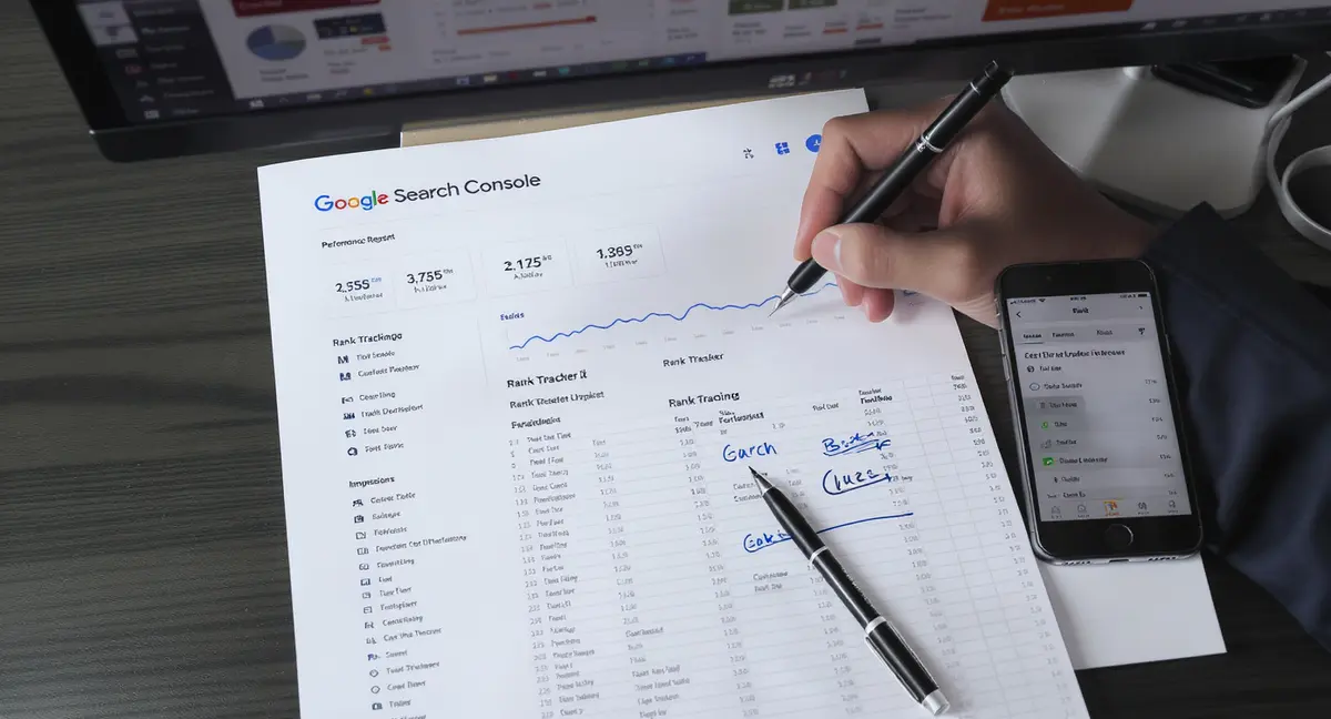 Google Search Console performance report printout with dual-monitor analytics dashboard screenshot, rank - Strategyc