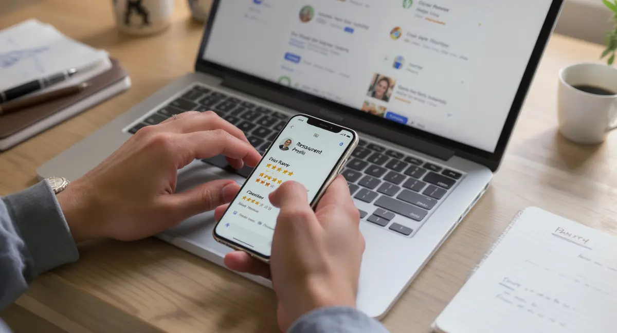 Hands typing on laptop keyboard with smartphone displaying restaurant review ratings and AI search - Strategyc