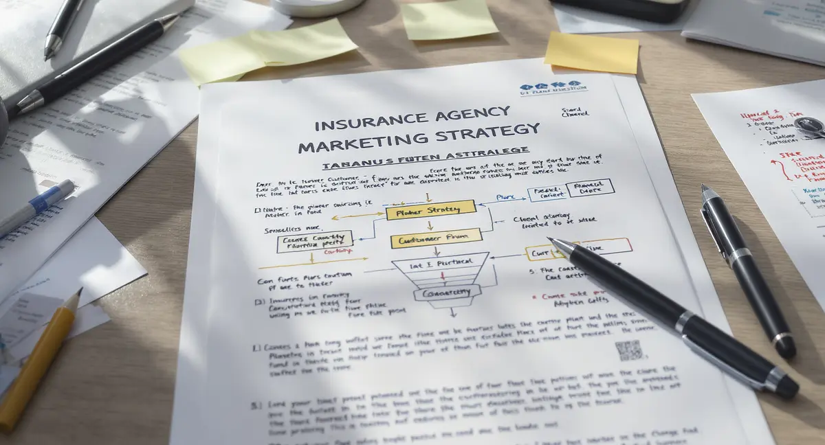 Insurance agency marketing strategy document with annotated channel flowchart and conversion funnel diagram - Strategyc