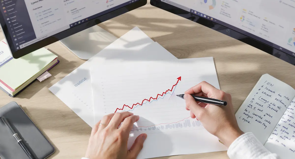 Hands annotating a printed SEO analytics chart with a pen, multiple browser tabs visible on monitor - Strategyc