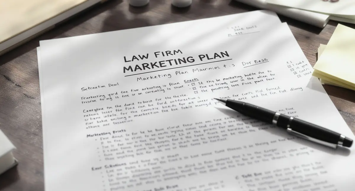 Printed law firm marketing plan template with handwritten annotations, strategy notes, and a pen resting - Strategyc