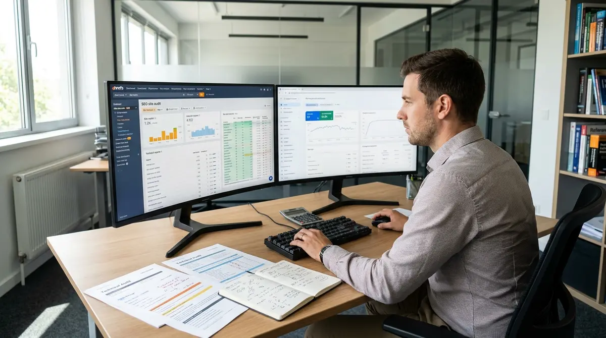 Enterprise SEO consultant's workspace with large monitor displaying site audit dashboard, technical - Strategyc