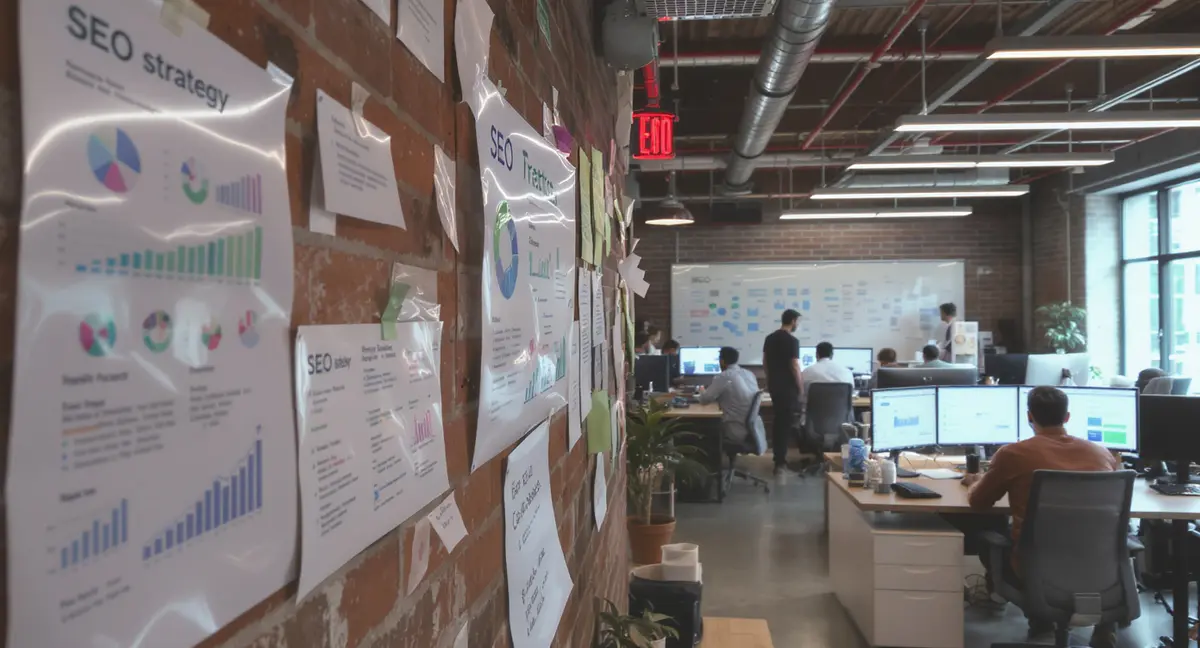 Interior of a digital marketing agency office with visible SEO strategy charts pinned to walls and team - Strategyc