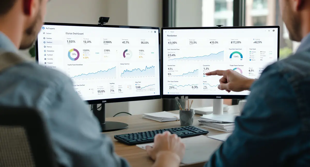 Digital marketer standing at desk pointing at dual-monitor display showing SEO report dashboard with - Strategyc