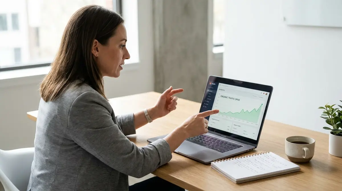 Digital marketer at desk reviewing content performance dashboard on laptop, hand pointing at organic - Strategyc