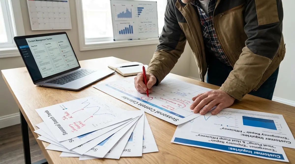HVAC contractor at desk reviewing seasonal content calendar and customer search query printouts while - Strategyc