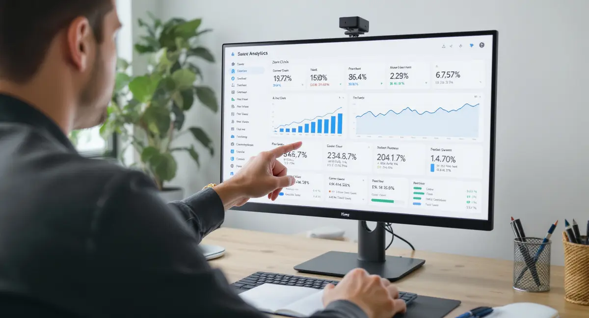 Digital marketer pointing at a live analytics dashboard displaying zero-click search metrics and AI - Strategyc