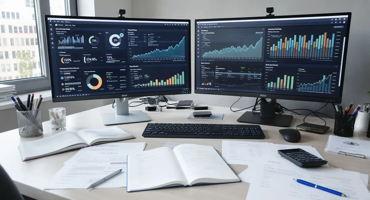 SEO consultant's desk workspace with dual monitors displaying analytics dashboards, client strategy - Strategyc
