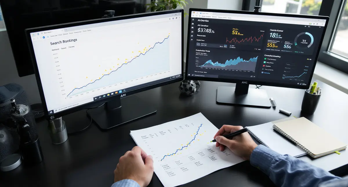 Dual-monitor analyst workstation displaying law firm search rankings, AI Overview citation tracking, and - Strategyc