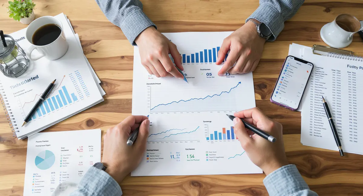Restaurant owner's hands reviewing printed analytics dashboard and customer acquisition spreadsheet at desk - Strategyc