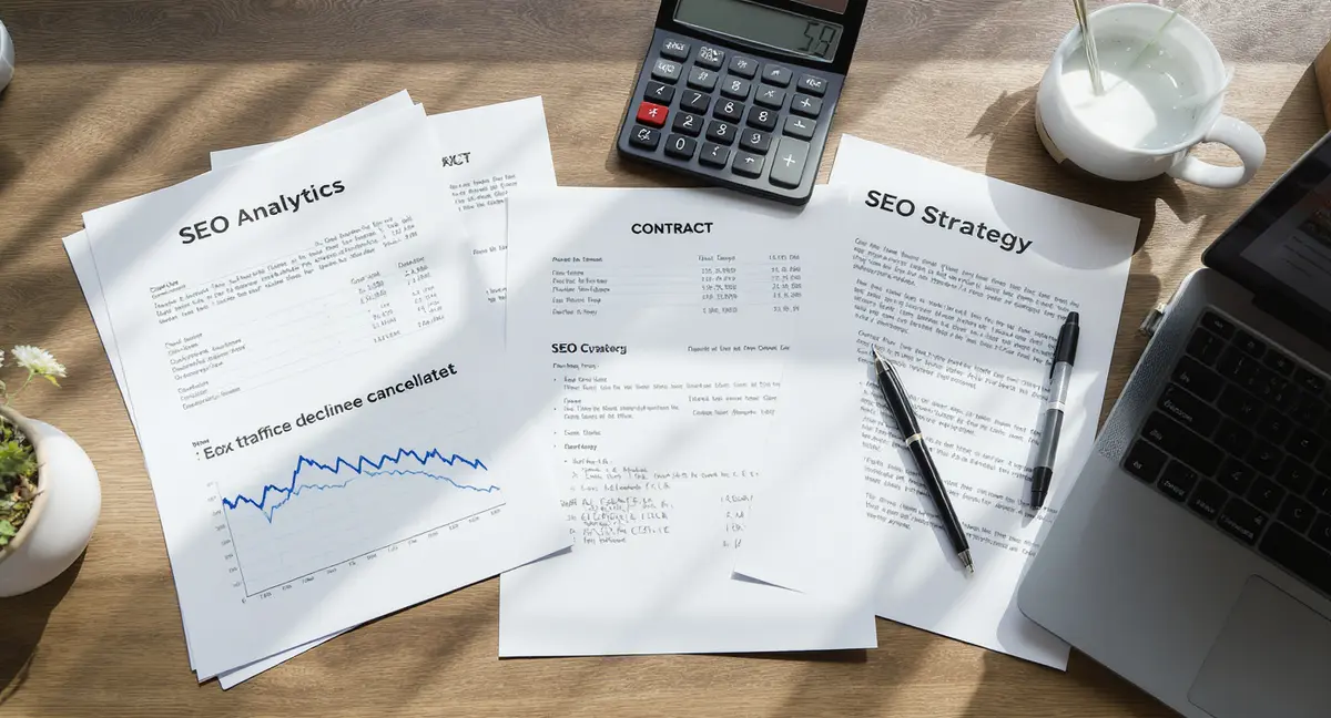 Small business owner's desk with SEO analytics printout, calculator, and contract documents spread across - Strategyc
