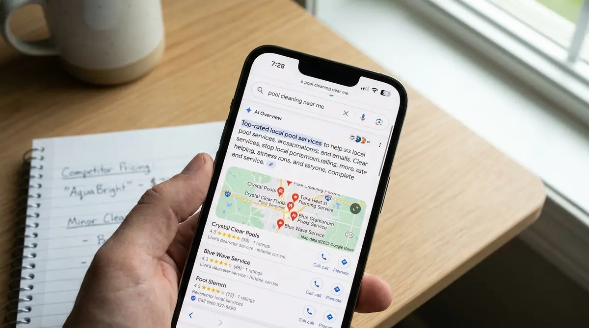 Close-up of Google Maps search results and AI Overview snippet for 'pool cleaning near me' query - Strategyc