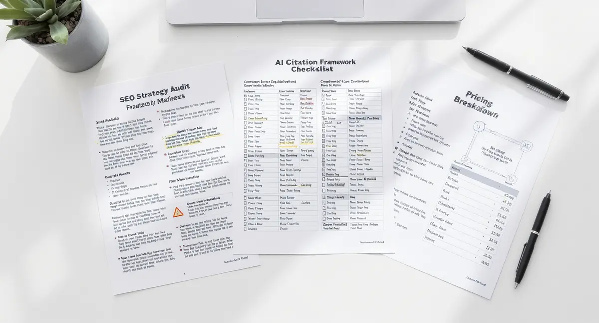 SEO strategy audit document with competitor analysis matrix, AI citation framework checklist, and - Strategyc
