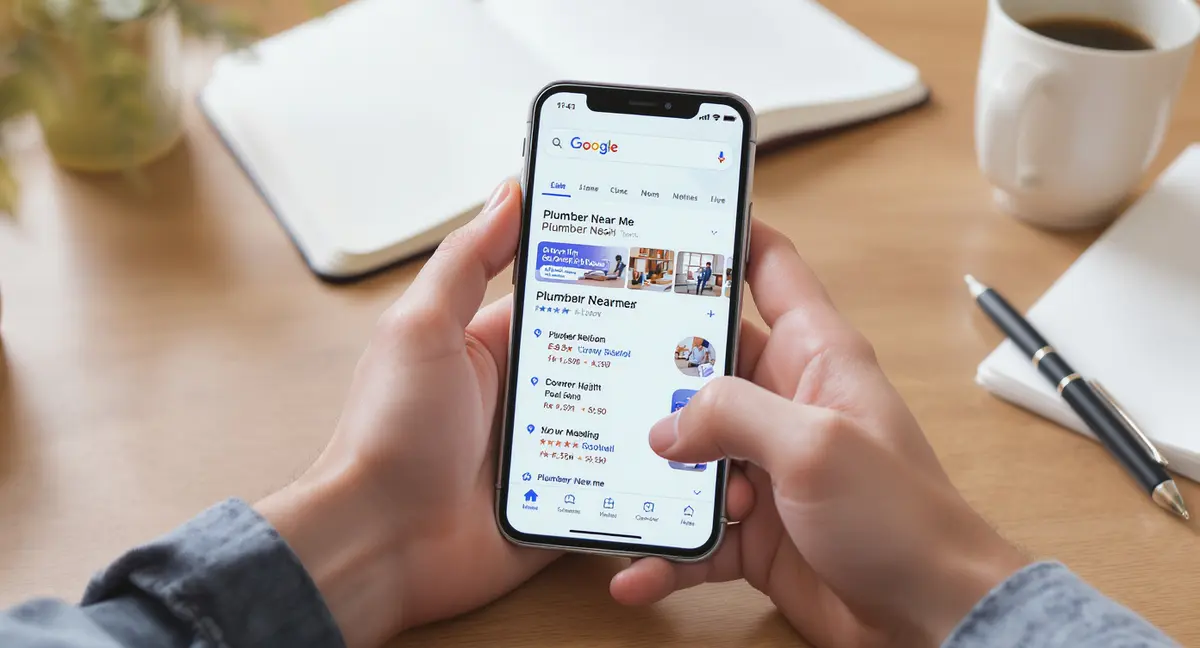 Hands holding a smartphone displaying Google search results for 'plumber near me' with service listings - Strategyc