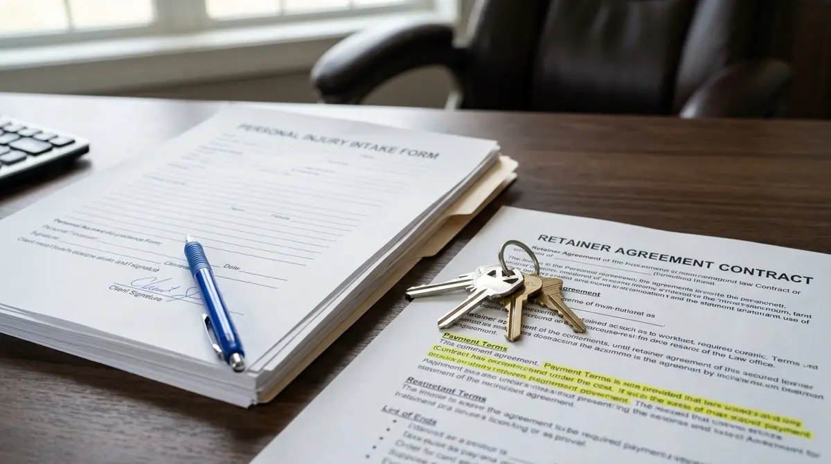 A client intake form with signed signature line, house keys, and a retainer agreement contract stacked on - Strategyc