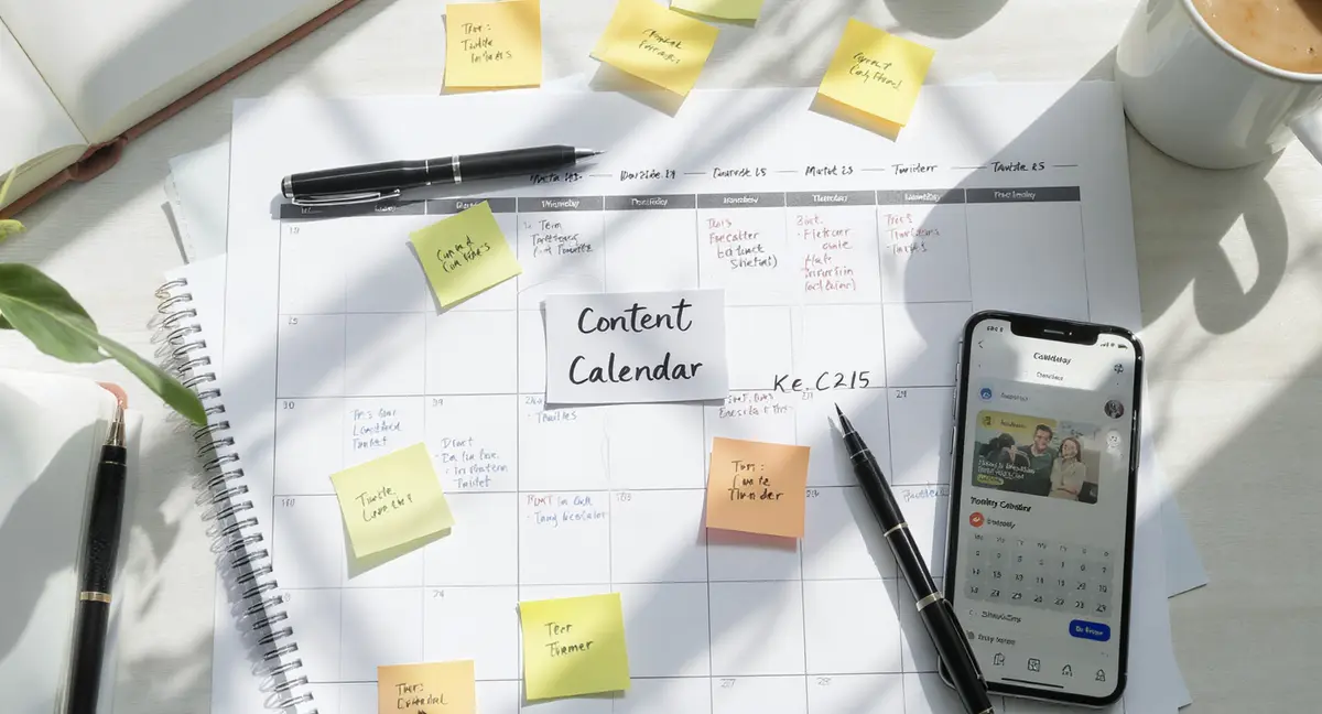 Overhead flat-lay of a printed social media content calendar grid with handwritten platform labels, - Strategyc
