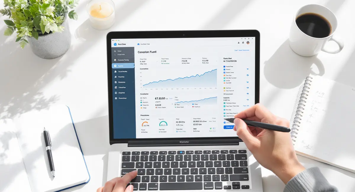 Laptop screen displaying website analytics dashboard with conversion funnel and lead form, pen pointing - Strategyc
