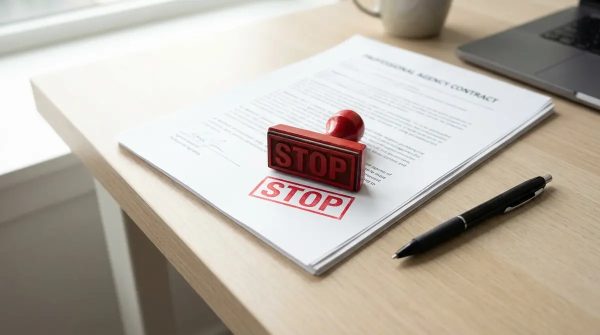 A red 'STOP' stamp pressed onto a signed agency contract lying on a desk, with a pen nearby - Strategyc