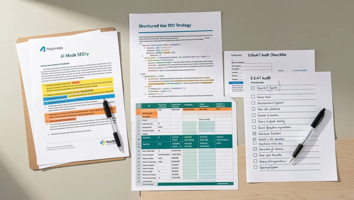 Overhead flat-lay of AI Mode SEO strategy documents with structured data markup printouts, citation - Strategyc