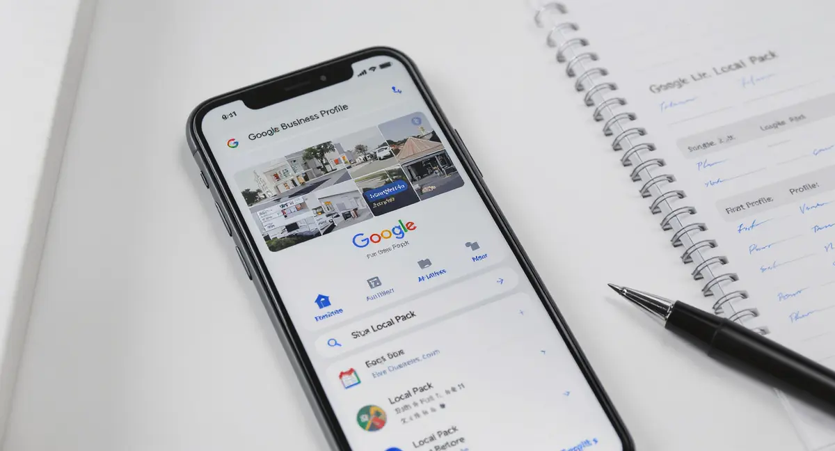 Smartphone screen displaying Google Business Profile with icon highlighted in search results - Strategyc