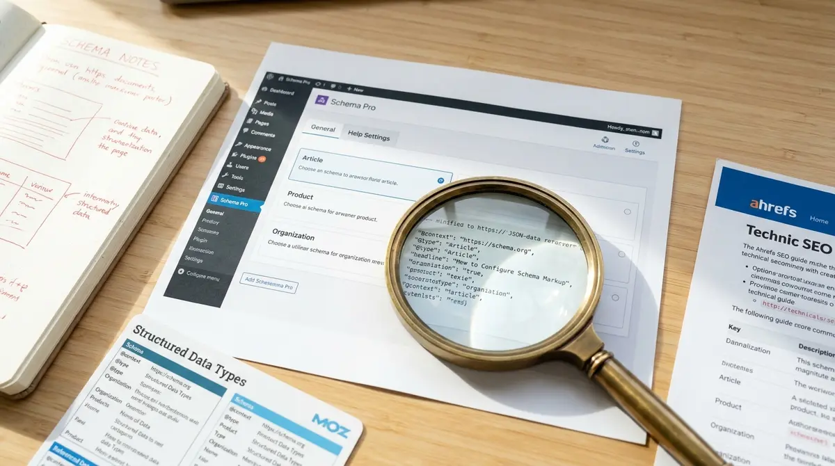 WordPress plugin settings panel printout with schema markup configuration notes and a magnifying glass - Strategyc